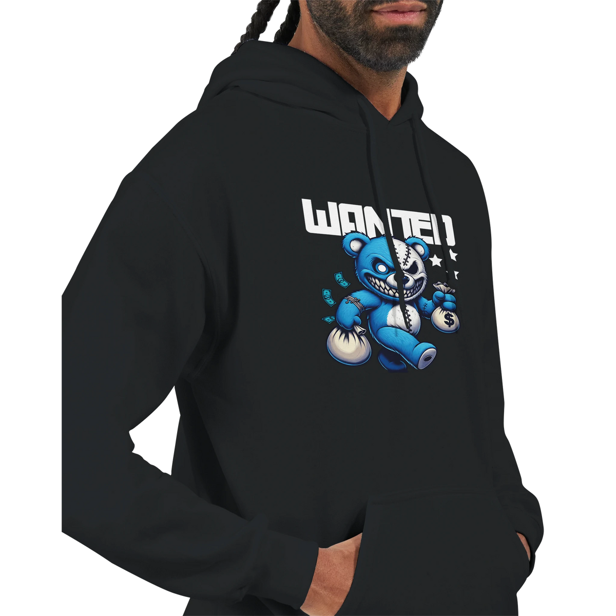 Men's Wanted Teddy Bear Hoodie in black with blue teddy graphic and money bags.