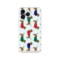 Cute Sausage Dog iPhone case with dachshund pattern on a light blue striped background