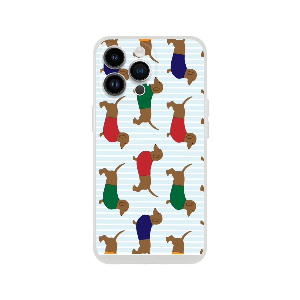 Cute Sausage Dog iPhone case with dachshund pattern on a light blue striped background
