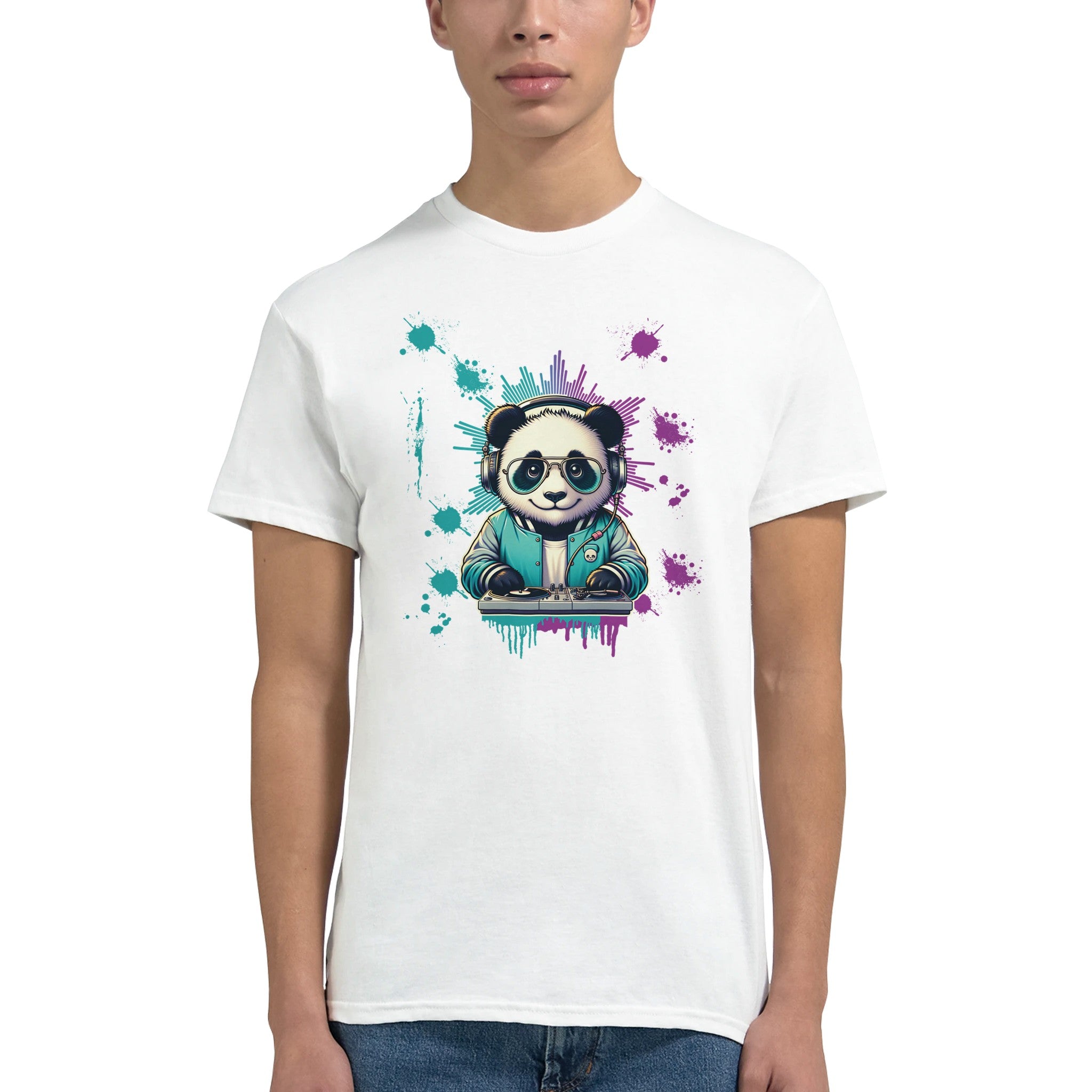 Panda DJ graphic T-shirt: panda with headphones at a turntable, colorful paint-splatter background.