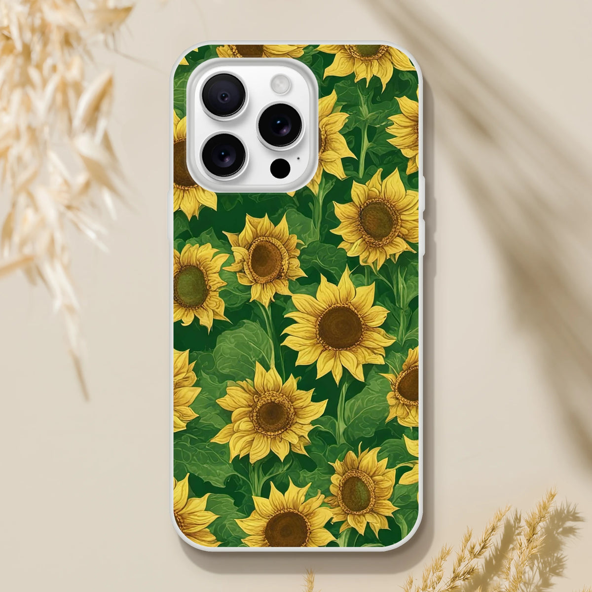 Sunflower floral iPhone case for 13-16, green leaves and yellow blooms, slim matte finish.