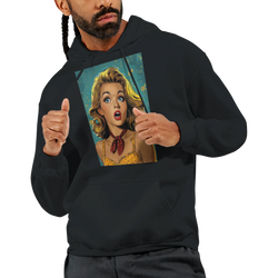 Black men's hoodie featuring a retro pop art blonde pin-up woman graphic with bold vintage streetwear design.
