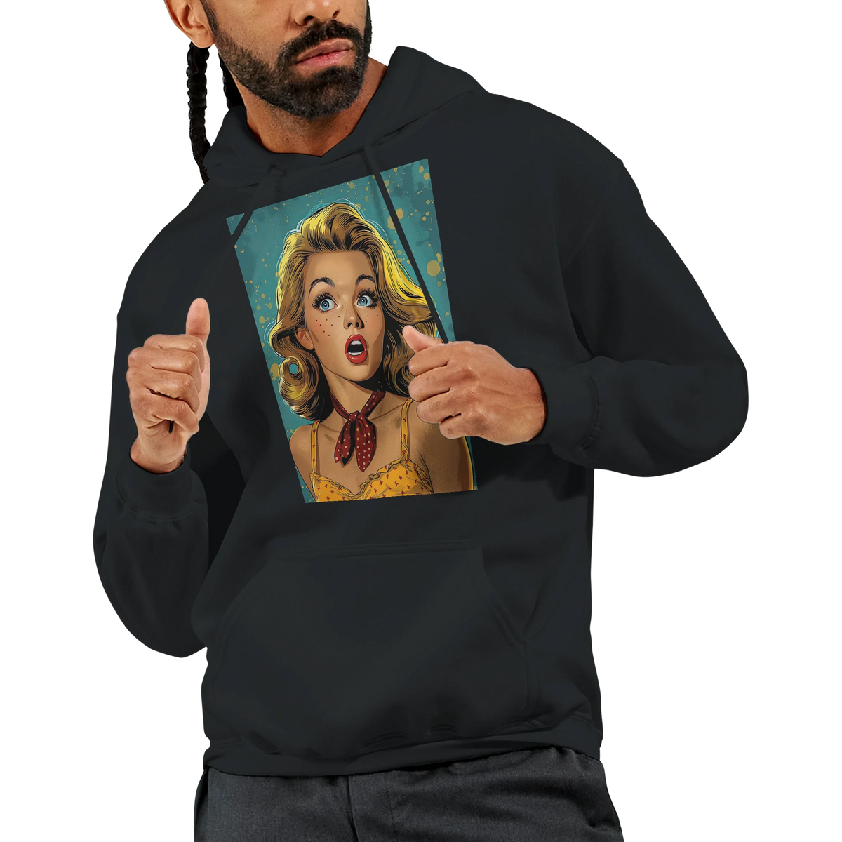 Black men's hoodie featuring a retro pop art blonde pin-up woman graphic with bold vintage streetwear design.