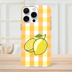 Yellow and white gingham iPhone case featuring a whole lemon and slice illustration for drop protection.