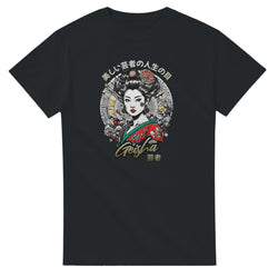 Geisha girl graphic on black men's T-shirt with circular Japanese-inspired background and florals.