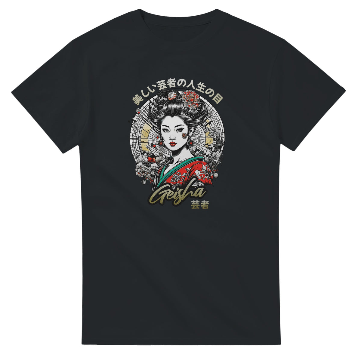 Geisha girl graphic on black men's T-shirt with circular Japanese-inspired background and florals.