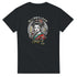 Geisha girl graphic on black men's T-shirt with circular Japanese-inspired background and florals.