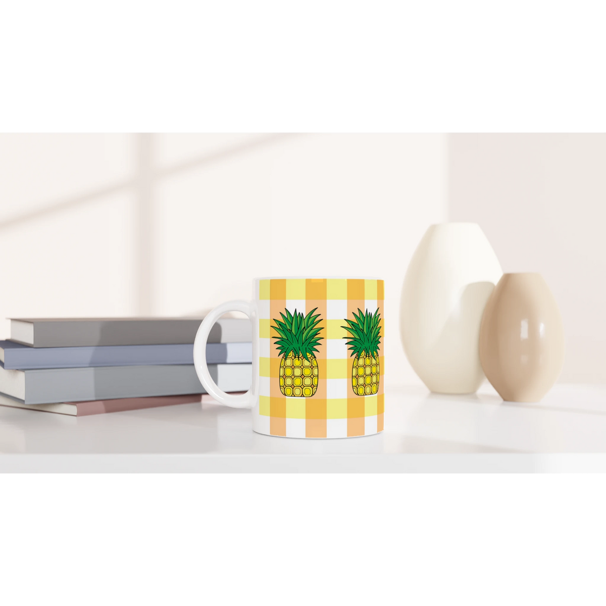 Cute pineapple gingham mug with yellow checks on white ceramic.