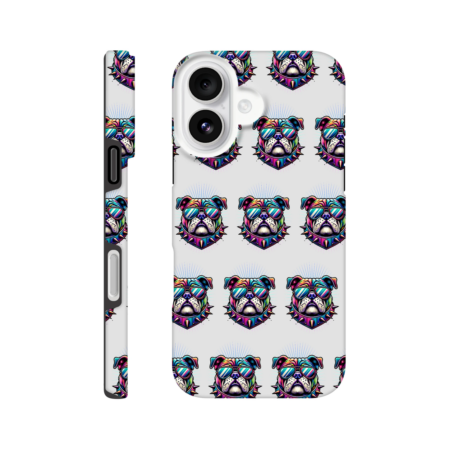Bull Dog Phone Case with neon bulldog pattern, wraparound print, dual-layer protection for iPhone 16–14