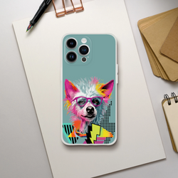 Funny Dog iPhone Case (13-16) Retro Dog Aesthetic with teal backdrop and colorful dog wearing pink glasses.