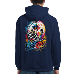 Navy hoodie back featuring colorful "Flat Out" graphic with checkered flag, palm trees, and sunset for modified car culture and petrolhead streetwear.