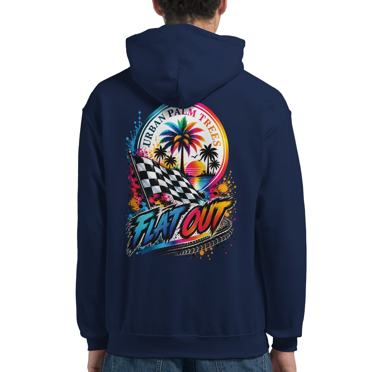Navy hoodie back featuring colorful "Flat Out" graphic with checkered flag, palm trees, and sunset for modified car culture and petrolhead streetwear.