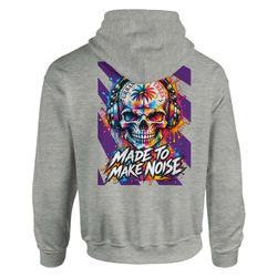 Gray hoodie featuring vibrant back print of skull wearing headphones with "Made To Make Noise" text.