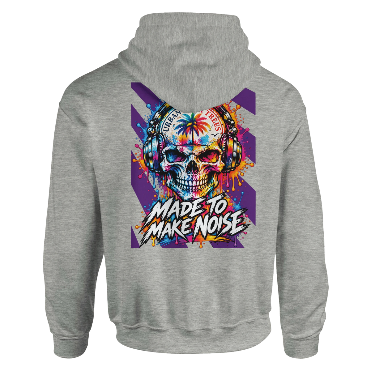 Gray hoodie featuring vibrant back print of skull wearing headphones with "Made To Make Noise" text.
