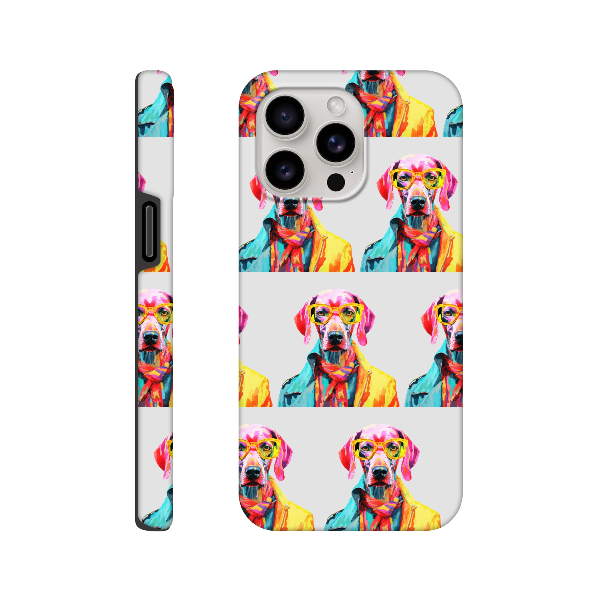 Colorful dog wearing sunglasses wraparound print tough protective case for iPhone 16/15/14/13, with glossy finish.
