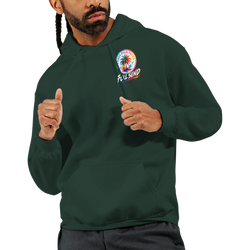 Dark green men's hoodie featuring a colorful Urban Palm Trees Full Send graphic on the chest with a front pouch pocket.
