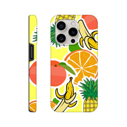 Yellow tough iPhone case with bold orange, banana, and pineapple sticker graphics wrapping around the edges.