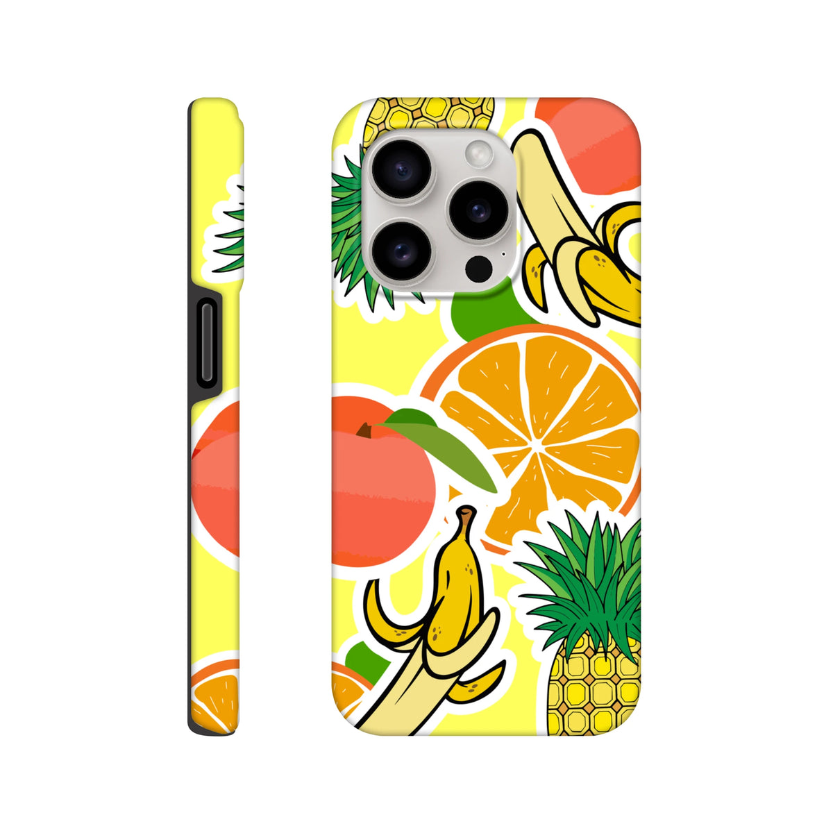 Yellow tough iPhone case with bold orange, banana, and pineapple sticker graphics wrapping around the edges.