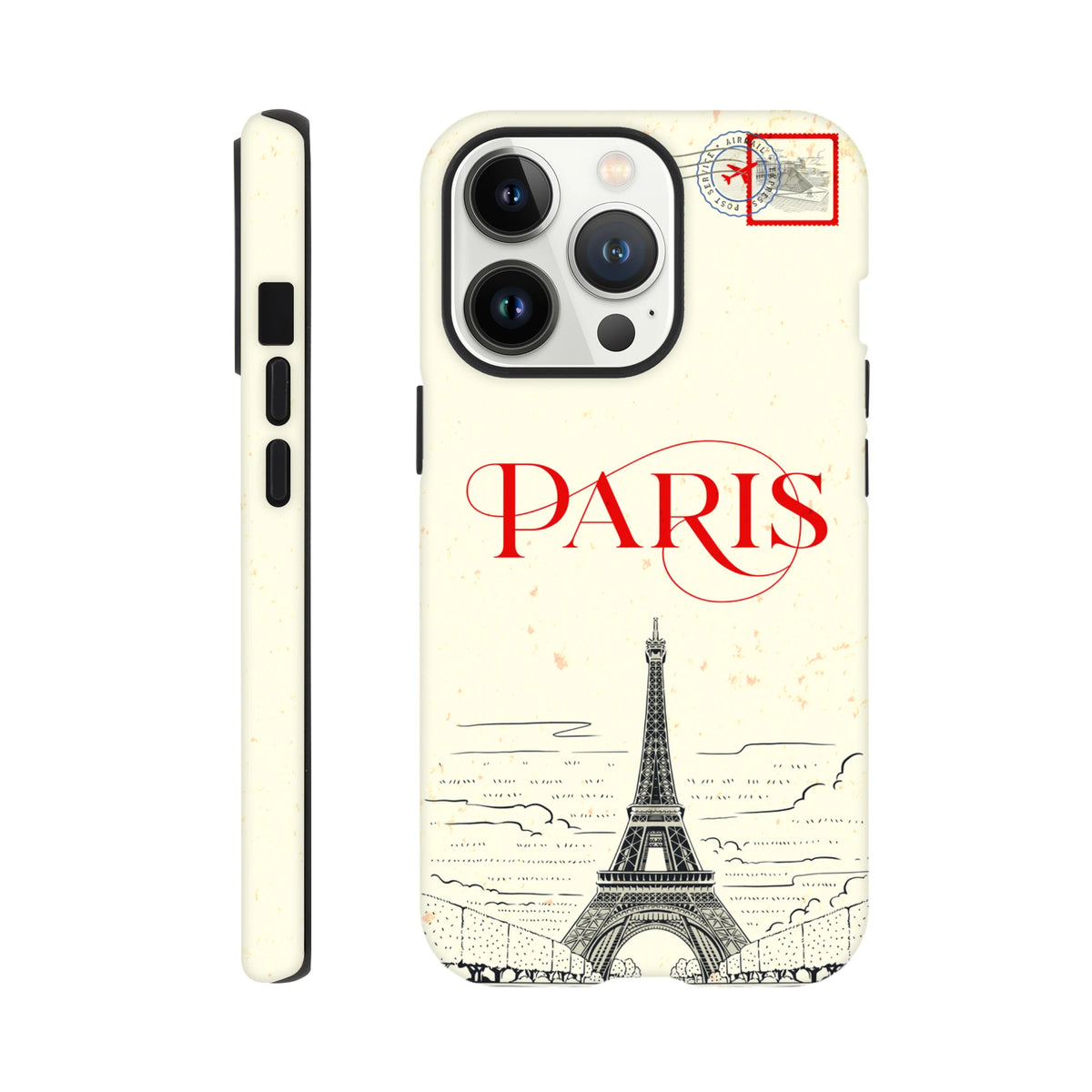 Paris iPhone tough case featuring vintage Eiffel Tower sketch, redParis script, and airmail stamp design for travel lovers.