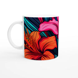 Colourful tropical hibiscus mug with vibrant pink, orange, and blue floral Hawaiian design.