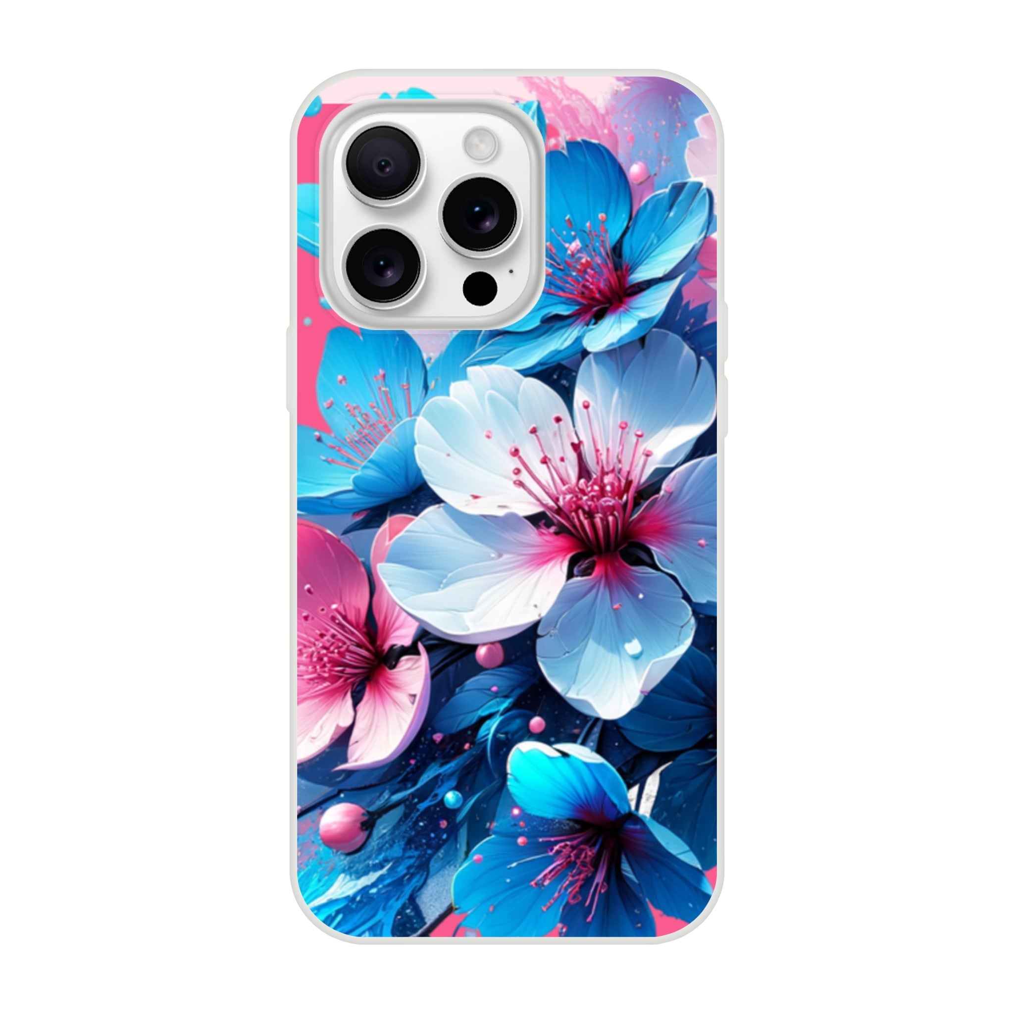 Blossom floral iPhone case with pastel blue-pink flowers, slim TPU protective cover for iPhone 16 15 14 13.