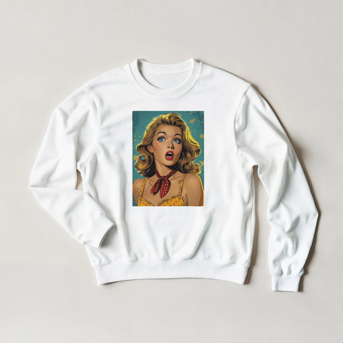 White men's sweatshirt with retro pop-art woman portrait in a vintage comic style.