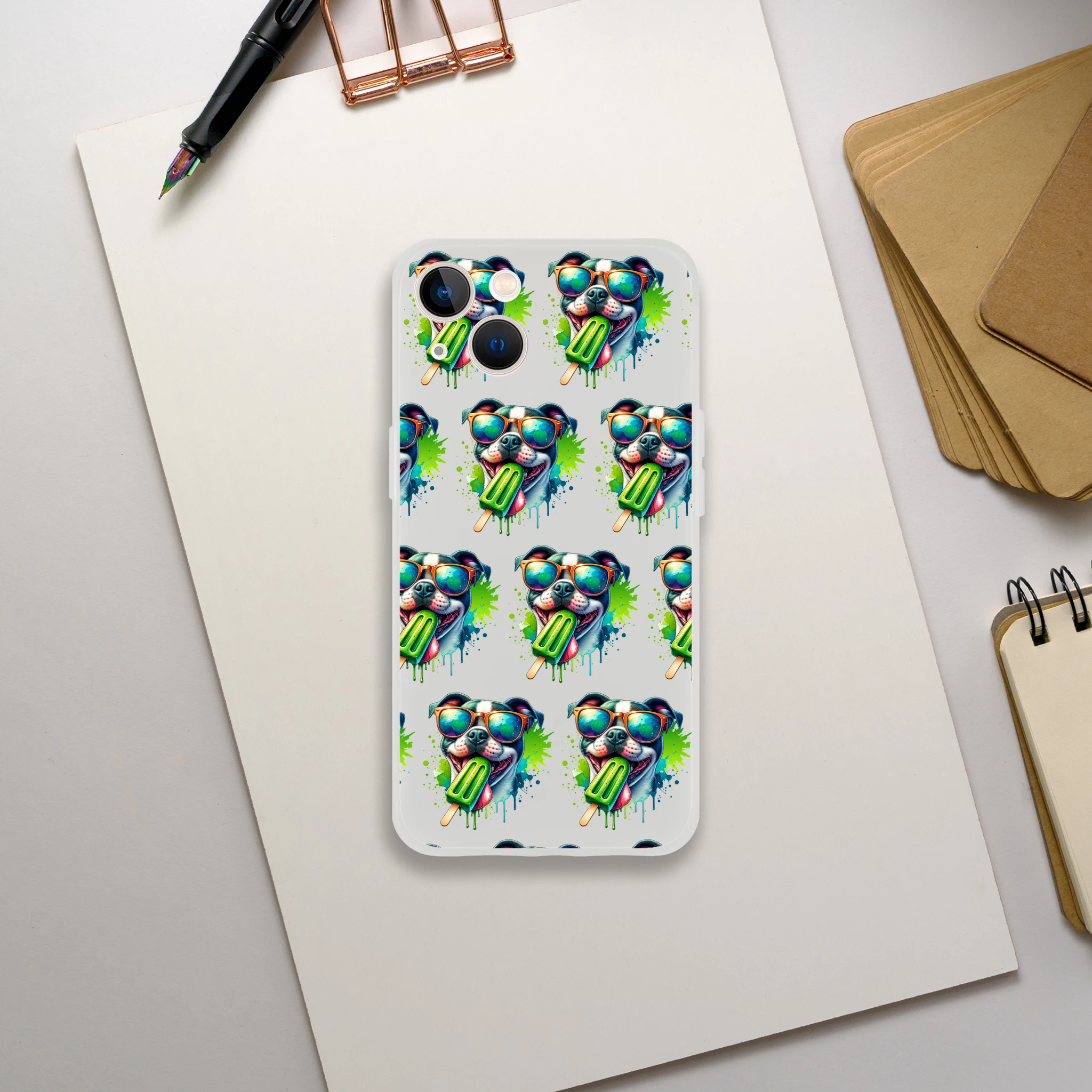 Chill Dog transparent flexi case for iPhone 13-16 with repeating colorful dog in sunglasses and popsicle print.