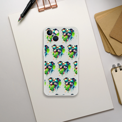 Chill Dog transparent flexi case for iPhone 13-16 with repeating colorful dog in sunglasses and popsicle print.