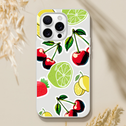 Transparent iPhone case featuring cherry, lime, and lemon sticker art. Slim, clear fruit cover for iPhone 13-16.