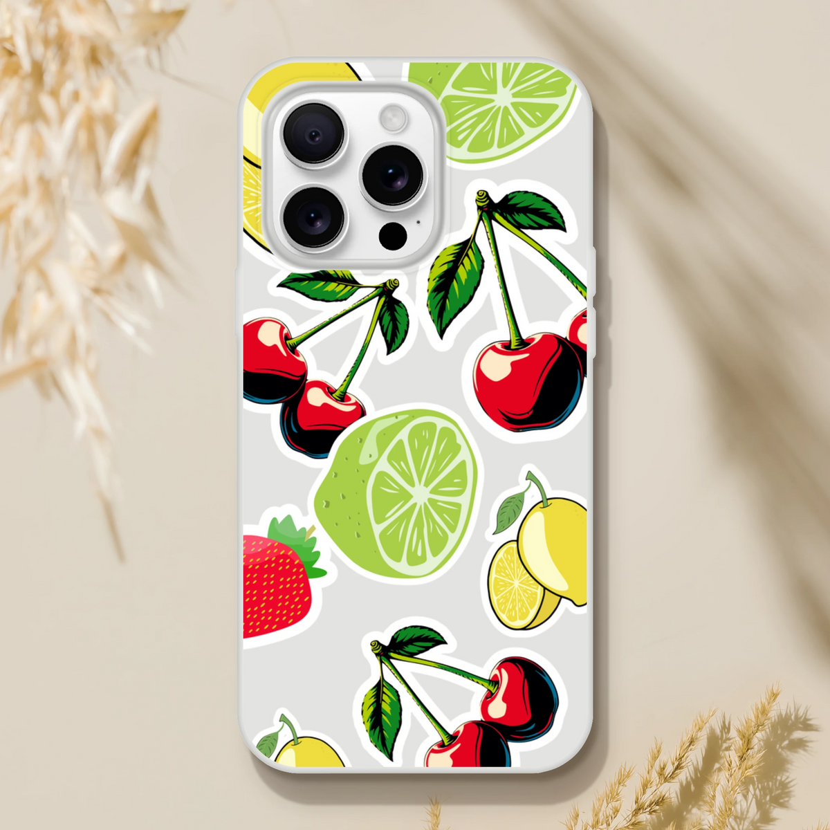Transparent iPhone case featuring cherry, lime, and lemon sticker art. Slim, clear fruit cover for iPhone 13-16.