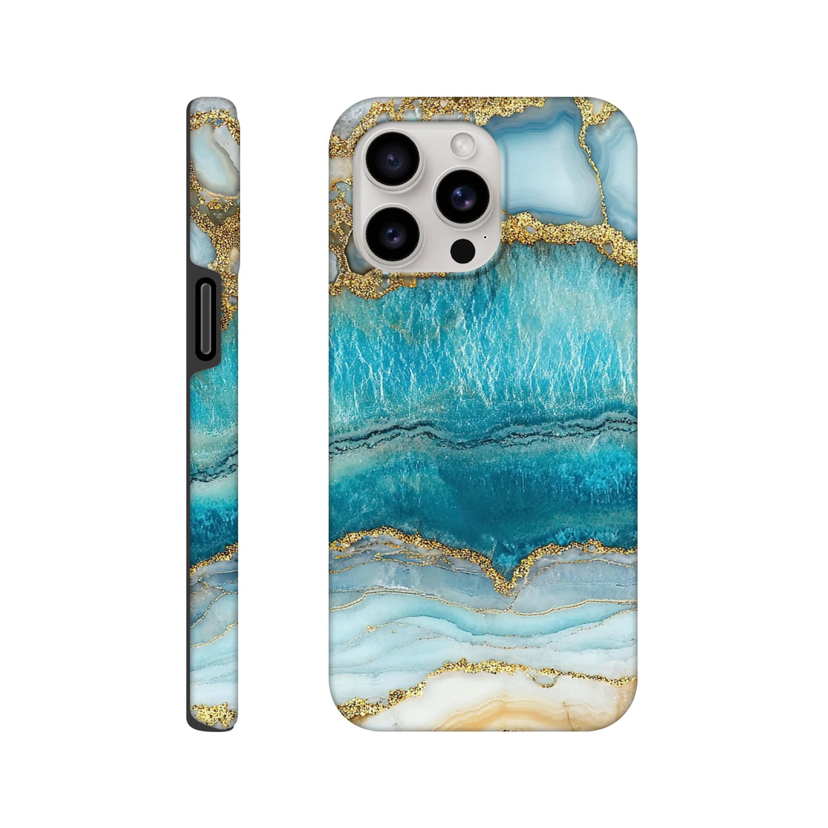 Teal and gold marble iPhone case featuring blue agate patterns and gold accents. Tough protective cover for iPhone 13-16 models.