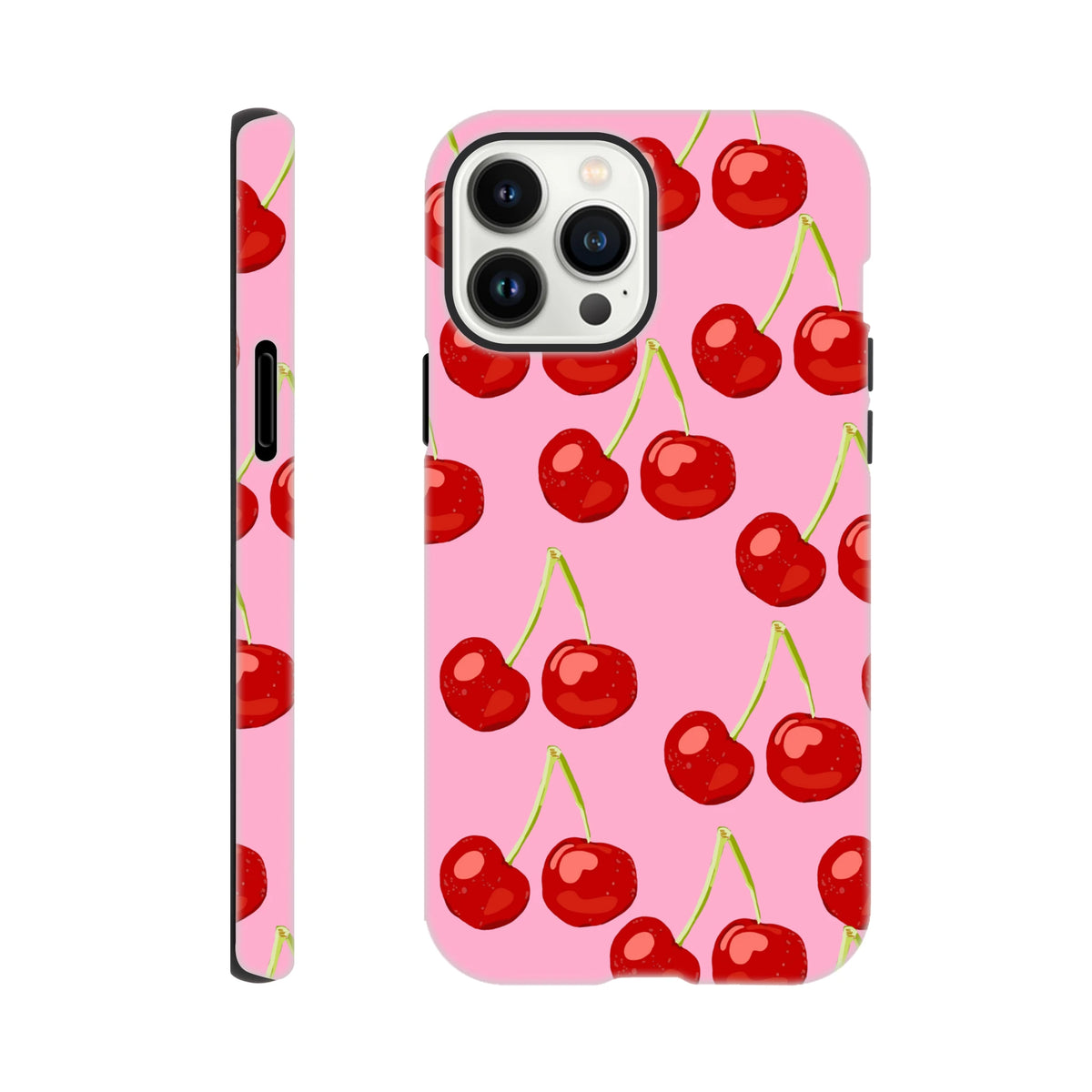 Pink tough iPhone case featuring a cute red cherry pattern wraparound design for street-ready style.