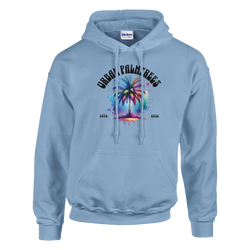 Light blue Urban Palm Trees hoodie for men with a colorful palm graphic and curved text.