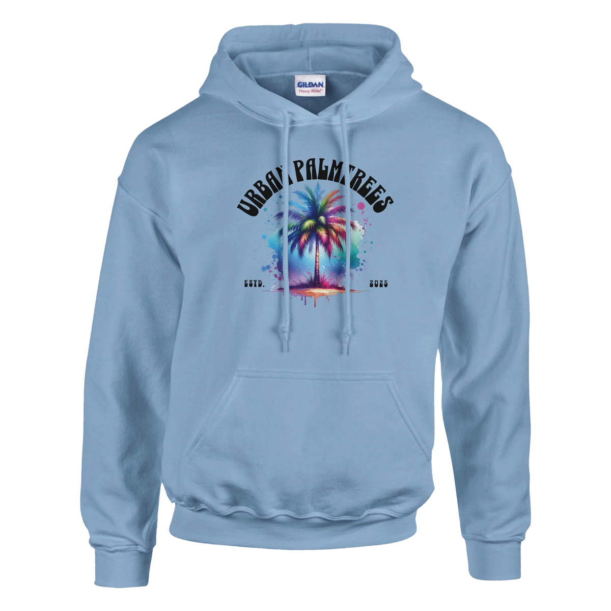 Light blue Urban Palm Trees hoodie for men with a colorful palm graphic and curved text.