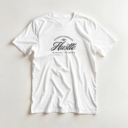 White Hustle men's graphic T-shirt with bold script logo on chest, crew neck, soft cotton blend.