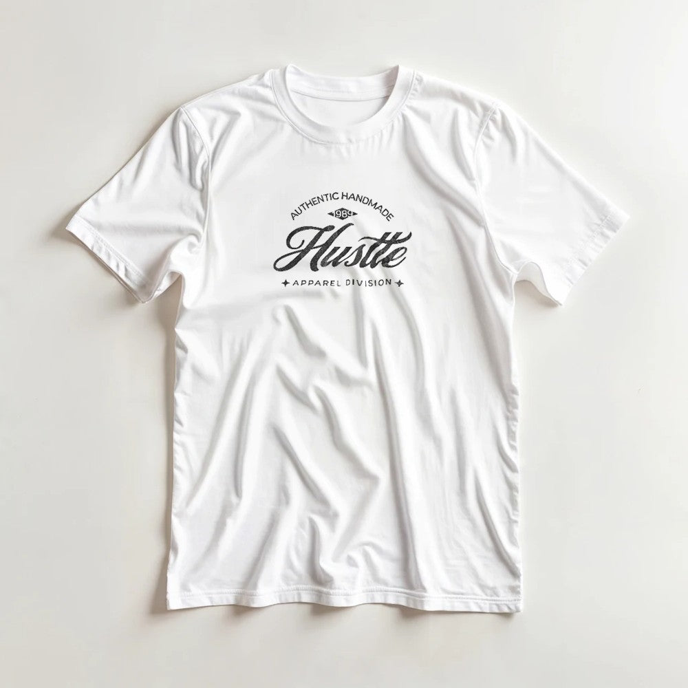 White Hustle men's graphic T-shirt with bold script logo on chest, crew neck, soft cotton blend.