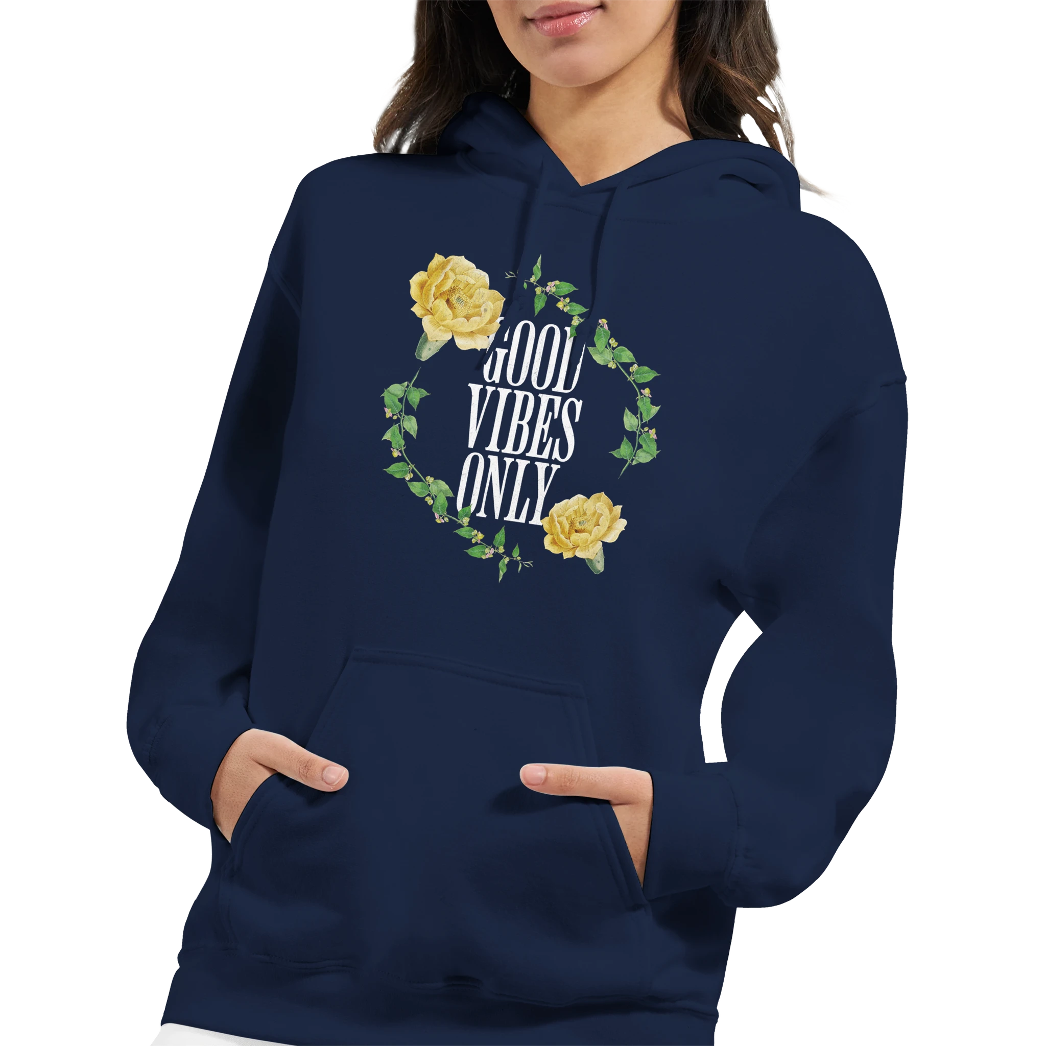 Navy Good Vibes Only women's hoodie with floral wreath and slogan, 50/50 cotton-poly blend, front pouch pocket.