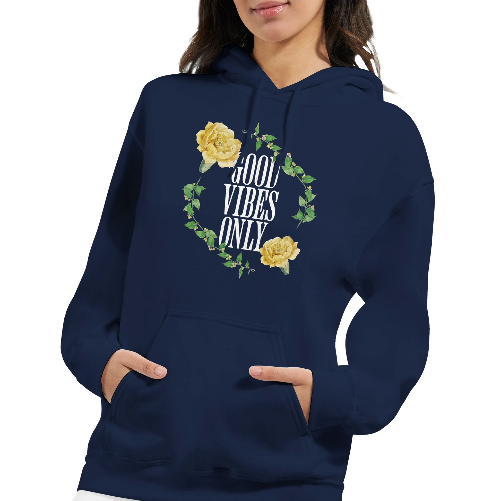 Navy Good Vibes Only women's hoodie with floral wreath and slogan, 50/50 cotton-poly blend, front pouch pocket.