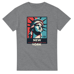 New York men's graphic T-shirt with Statue of Liberty artwork in red, blue, and cream on soft gray cotton blend tee.