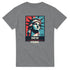 New York men's graphic T-shirt with Statue of Liberty artwork in red, blue, and cream on soft gray cotton blend tee.
