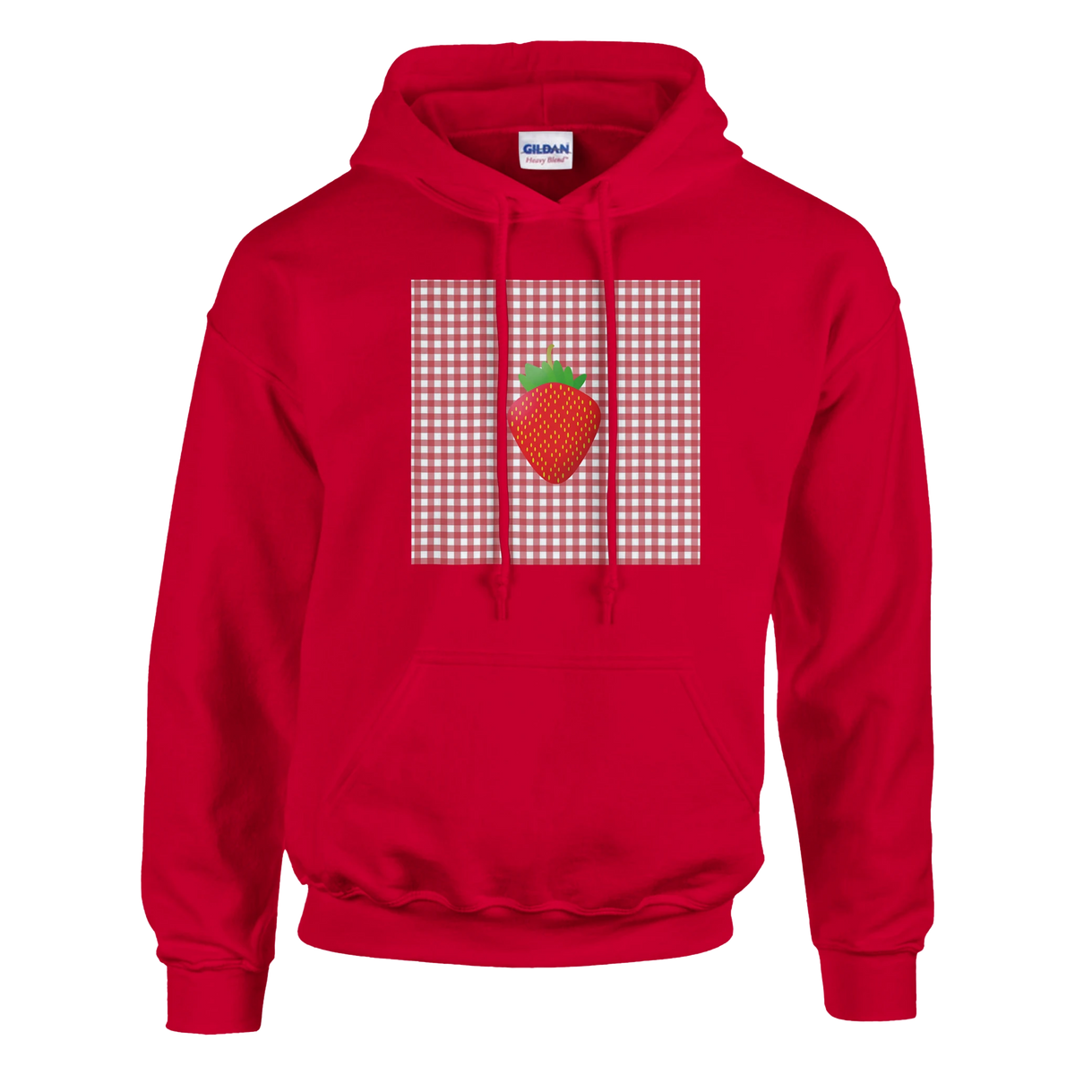 Red retro hoodie featuring a vintage strawberry graphic on a gingham background for a nostalgic urban style.