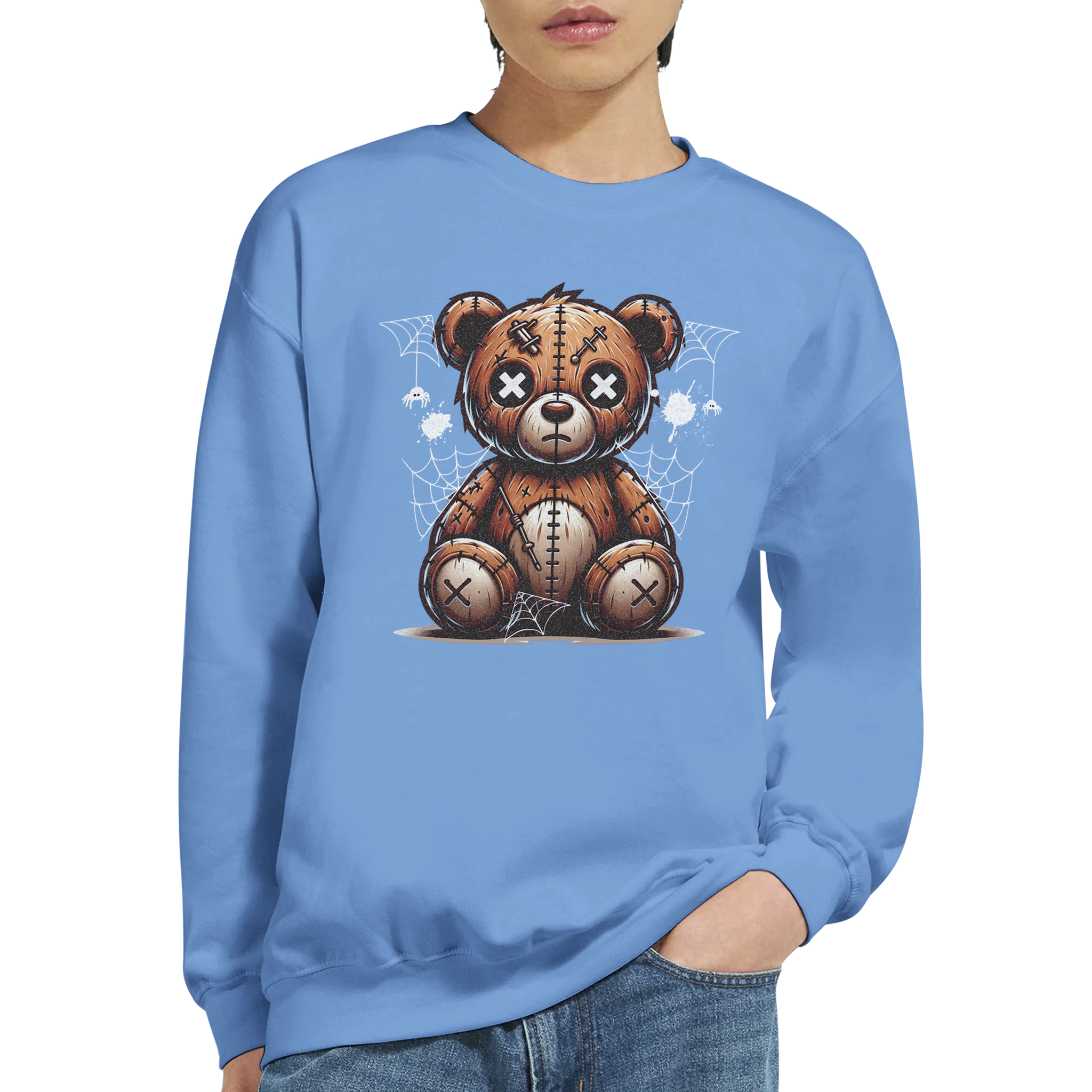 Stressed Teddy Bear graphic sweatshirt in blue, 50/50 cotton-poly blend with patchwork bear design