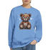 Stressed Teddy Bear graphic sweatshirt in blue, 50/50 cotton-poly blend with patchwork bear design