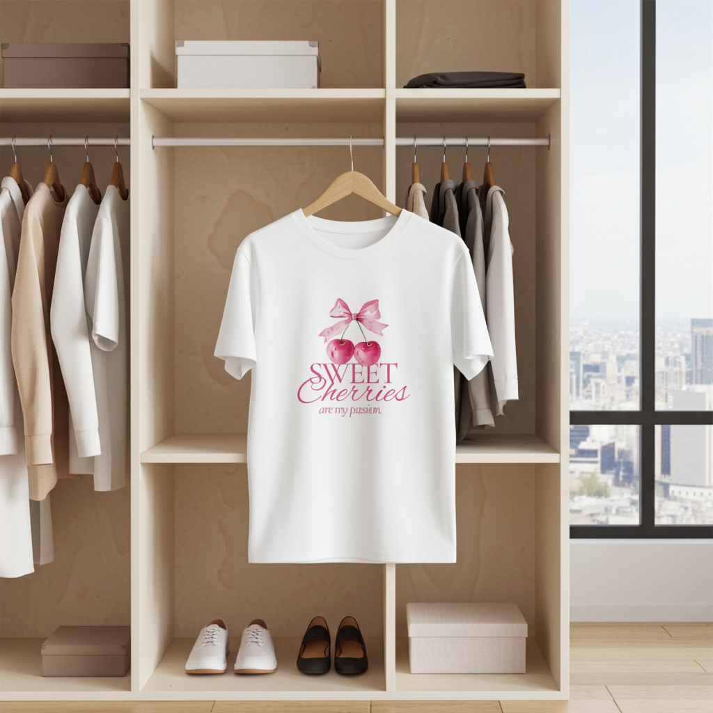 White t-shirt with 'Sweet Cherries' design hanging in a wardrobe with shoes and boxes below.