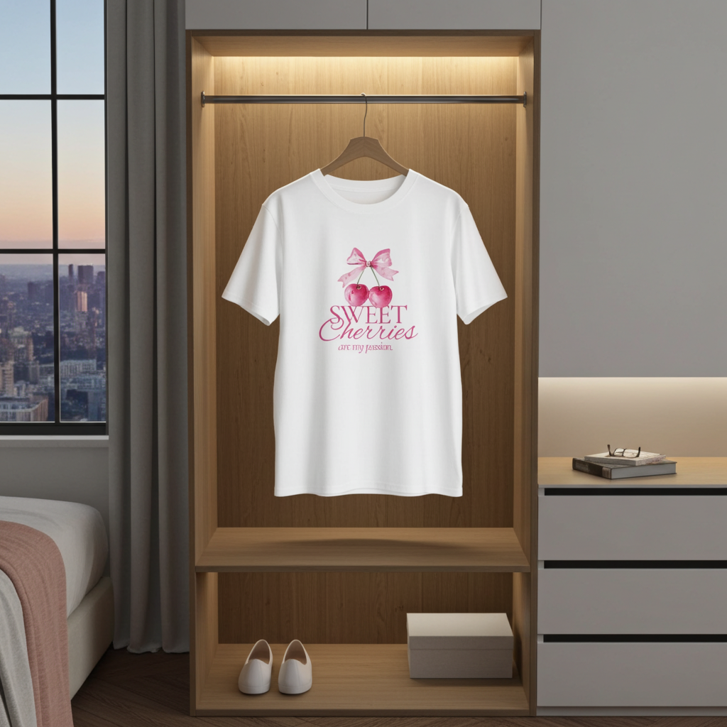 White t-shirt with 'Sweet Cherries' design on a hanger in a modern room.