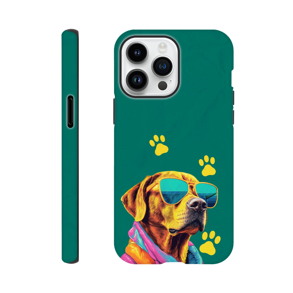 Teal iPhone case featuring a cool dog with sunglasses and a colorful scarf surrounded by yellow paw prints.