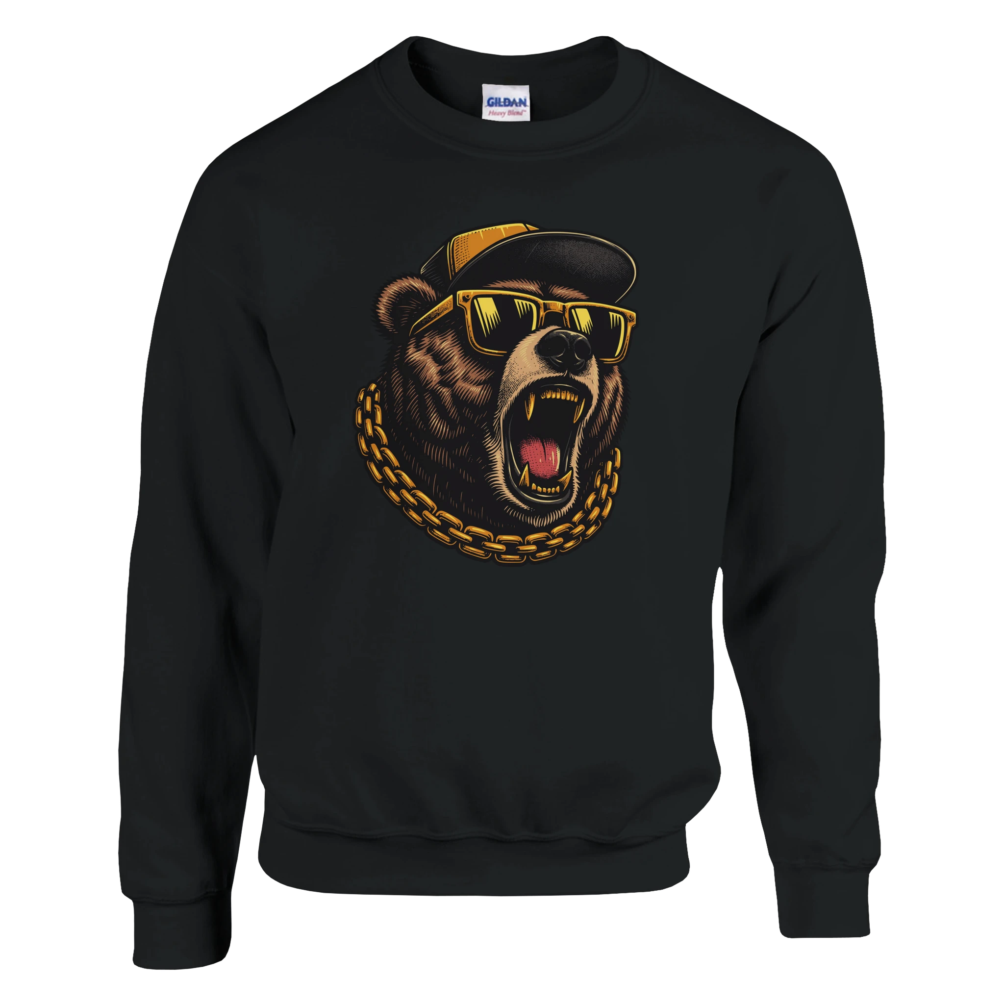 Grizzly Bear Men's Graphic Sweatshirt in black with yellow sunglasses, cap, and gold chain on bold bear graphic.