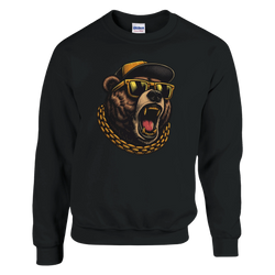 Grizzly Bear Men's Graphic Sweatshirt in black with yellow sunglasses, cap, and gold chain on bold bear graphic.