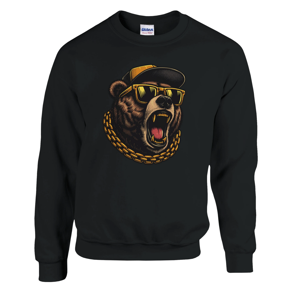 Grizzly Bear Men's Graphic Sweatshirt in black with yellow sunglasses, cap, and gold chain on bold bear graphic.