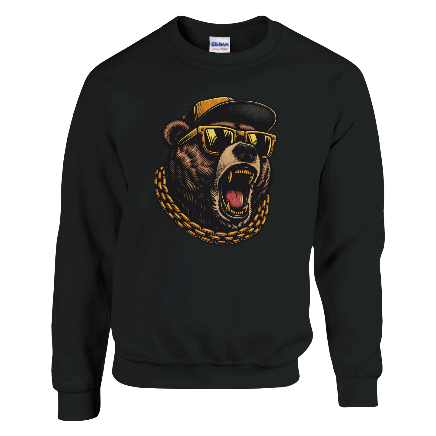 Black men's graphic sweatshirt with a bear graphic wearing sunglasses and a cap on a white background